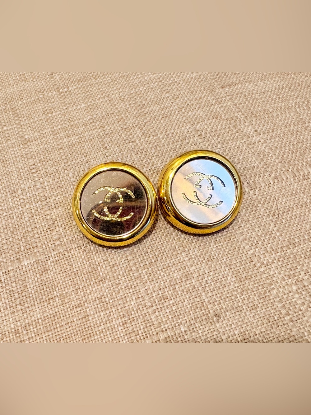 CHANEL Gold and Silver CC Round Logo Earrings